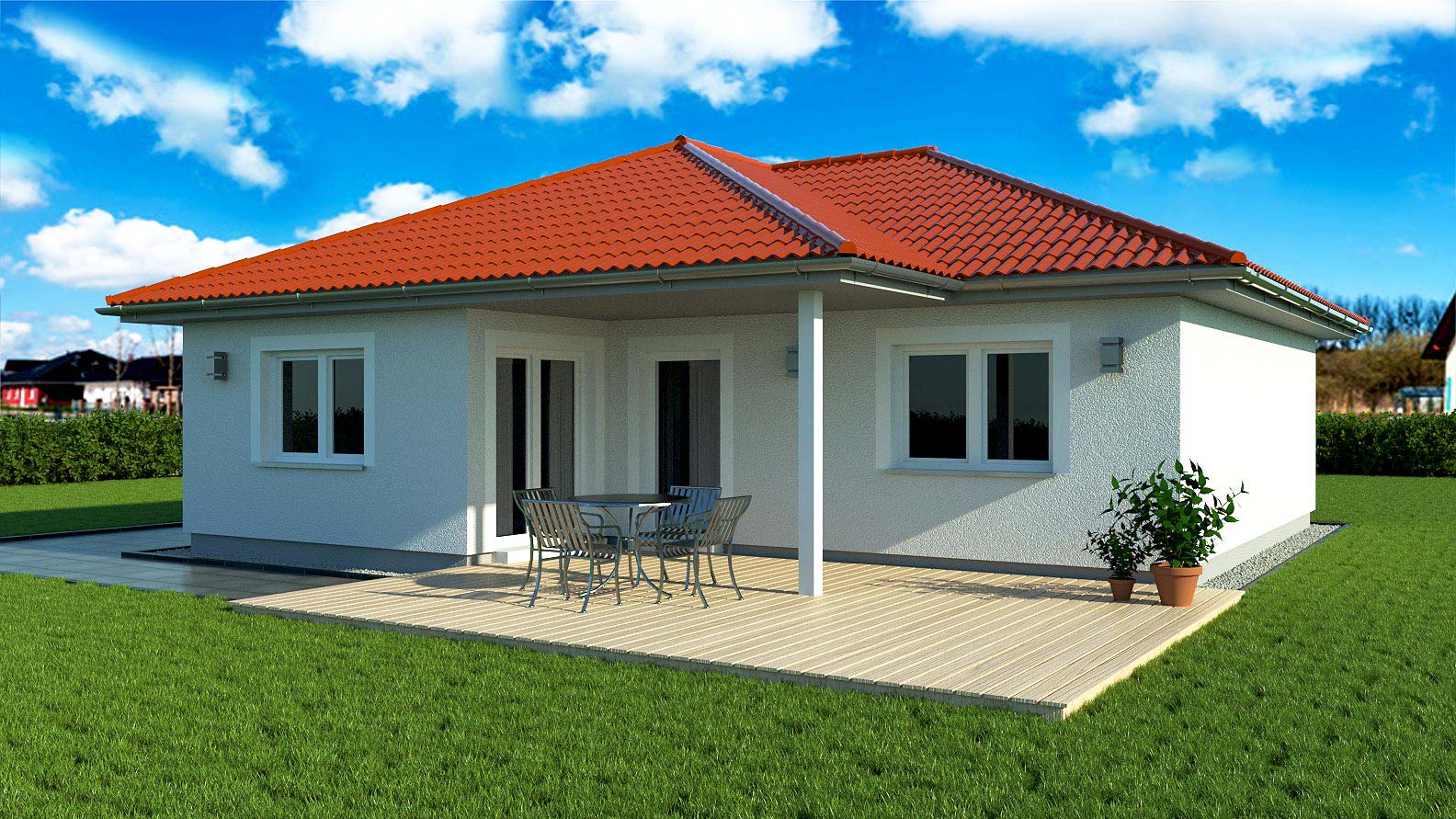 EWA-Bungalow Amrum 96qm Massivhausbau Leipzig Halle Wittenberg Rückansicht rotes Dach