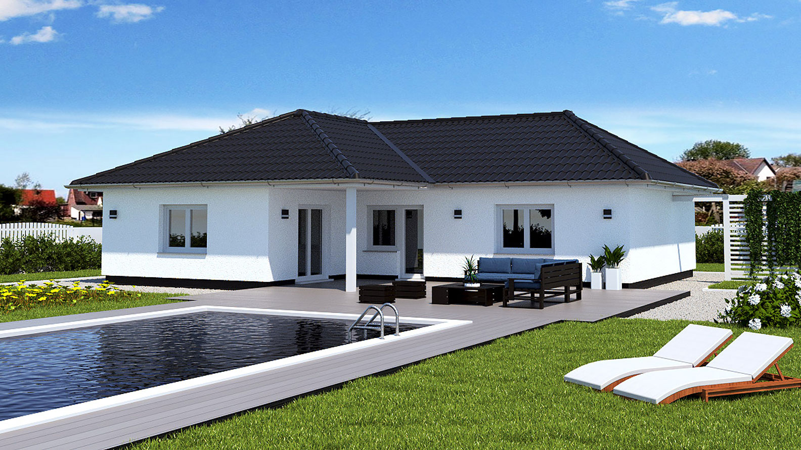 EWA-Bungalow-Darss-115qm-Massivhausbau-Leipzig-Halle-Wittenberg-Rückansicht EWA-Bungalow Darss 115qm Massivhausbau Leipzig Halle Wittenberg Rückansicht