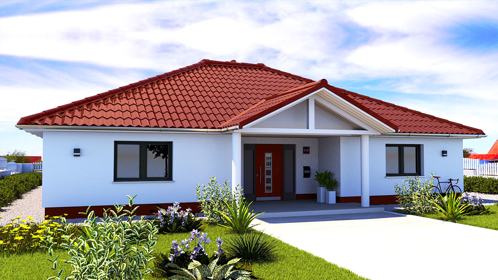 EWA-Bungalow-Elbblick-157qm-Massivhausbau-Berlin-Brandenburg-Potsdam-Vorderansicht-rotes-Dach EWA-Bungalow Elbblick 157qm Massivhausbau Berlin Brandenburg Potsdam Vorderansicht rotes Dach