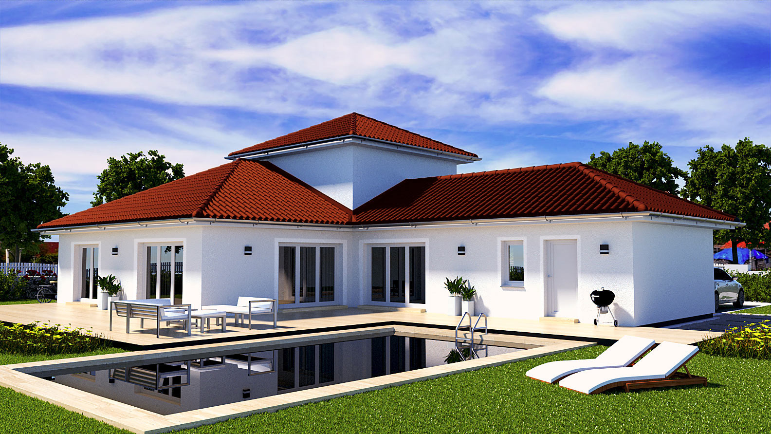 EWA-Bungalow Rügen 174qm Hausbau Berlin Brandenburg Magdeburg Rückansicht rotes Dach