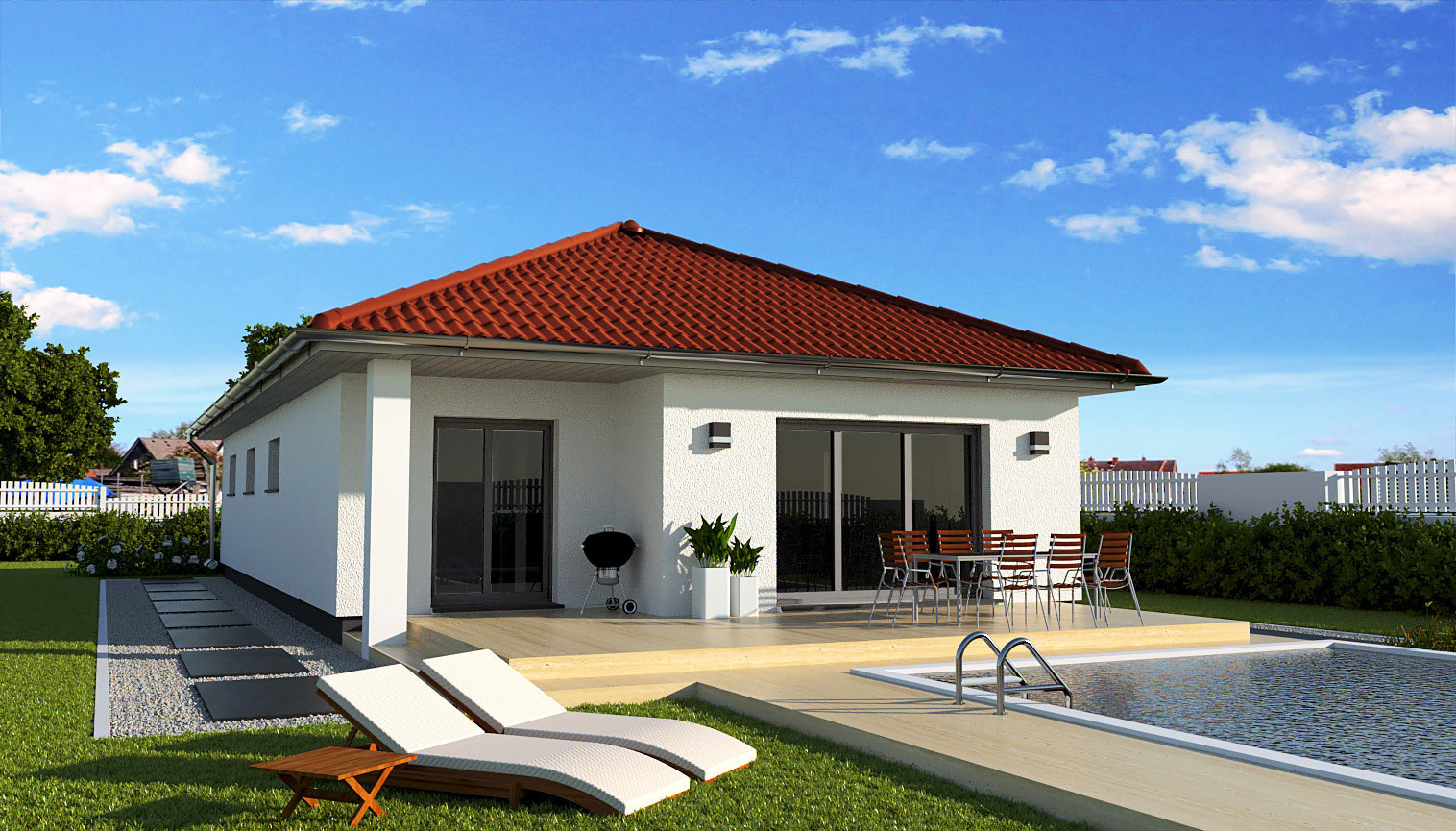 EWA-Bungalow Spreeblick 116qm Massivhausbau Leipzig Halle Wittenberg Rückansicht rotes Dach