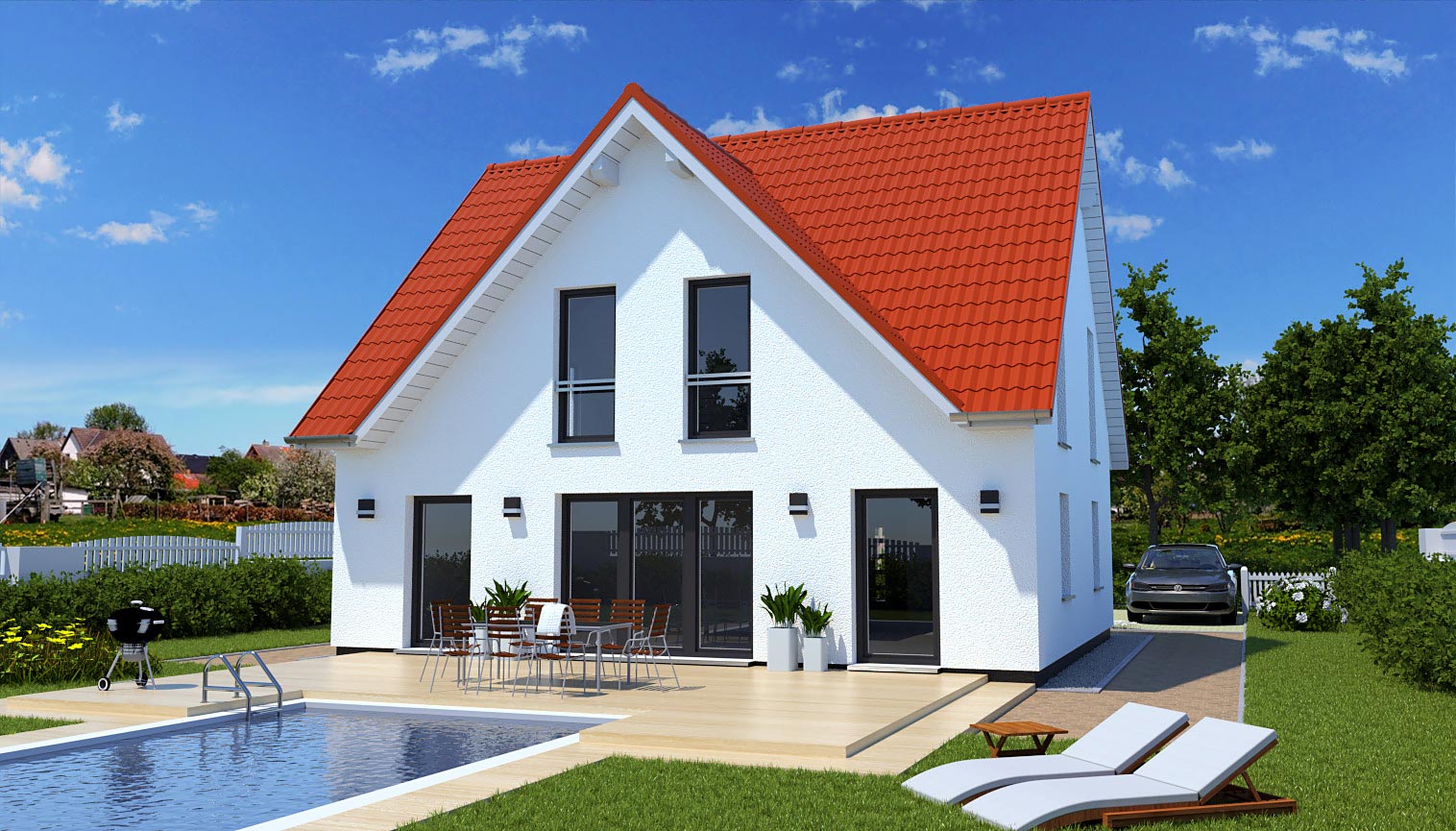 EWA-Landhaus-Teltow-164qm-Hausbau-Berlin-Brandenburg-Potsdam-Rückansicht-rotes-Dach EWA-Landhaus Teltow 164qm Hausbau Berlin Brandenburg Potsdam Rückansicht rotes Dach