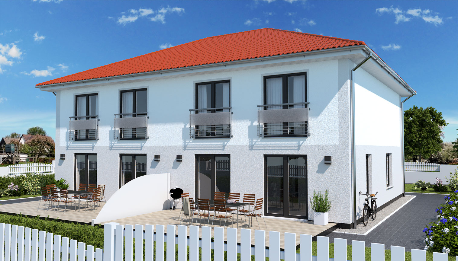 EWA-Doppelhaus-Werder-254qm-Hausbau-Berlin-Brandenburg-Potsdam-Rückansicht-rotes-Dach EWA-Doppelhaus Werder 254qm Hausbau Berlin Brandenburg Potsdam Rückansicht rotes Dach
