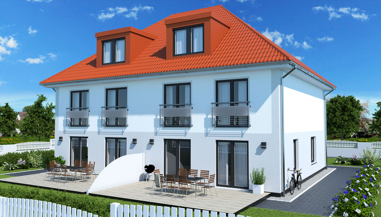 EWA-Doppelhaus-Werder-Exklusiv-344qm-Hausbau-Berlin-Brandenburg-Potsdam-Rückansicht-rotes-Dach EWA-Doppelhaus Werder Exklusiv 344qm Hausbau Berlin Brandenburg Potsdam Rückansicht rotes Dach