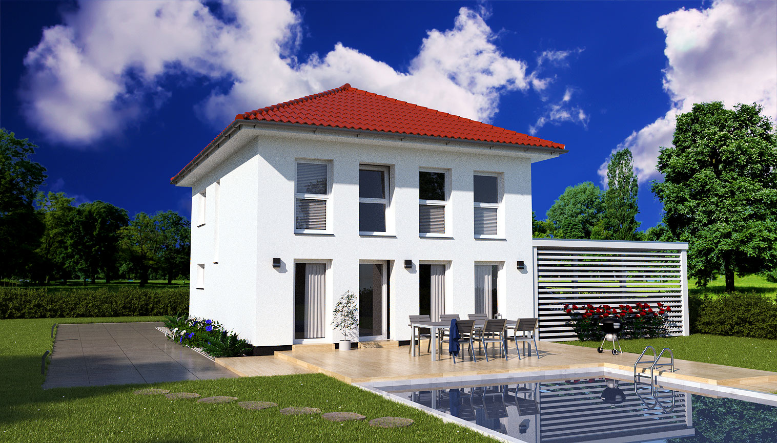 EWA-Stadtvilla-Halle-153qm-Hausbau-Berlin-Brandenburg-Magdeburg-Rückansicht-rotes-Dach EWA-Stadtvilla Halle 153qm Hausbau Berlin Brandenburg Magdeburg Rückansicht rotes Dach