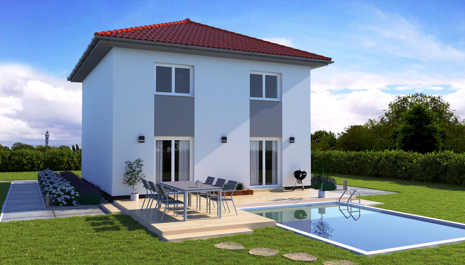 EWA-Stadtvilla Leipzig 126qm Massivhausbau Leipzig Halle Wittenberg Rückansicht rotes Dach