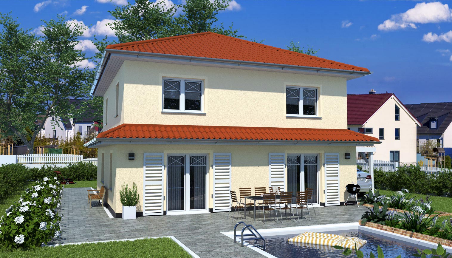 EWA-Stadtvilla-Mediterran-151qm-Hausbau-Berlin-Brandenburg-Potsdam-Rückansicht-rotes-Dach EWA-Stadtvilla Mediterran 151qm Hausbau Berlin Brandenburg Potsdam Rückansicht rotes Dach