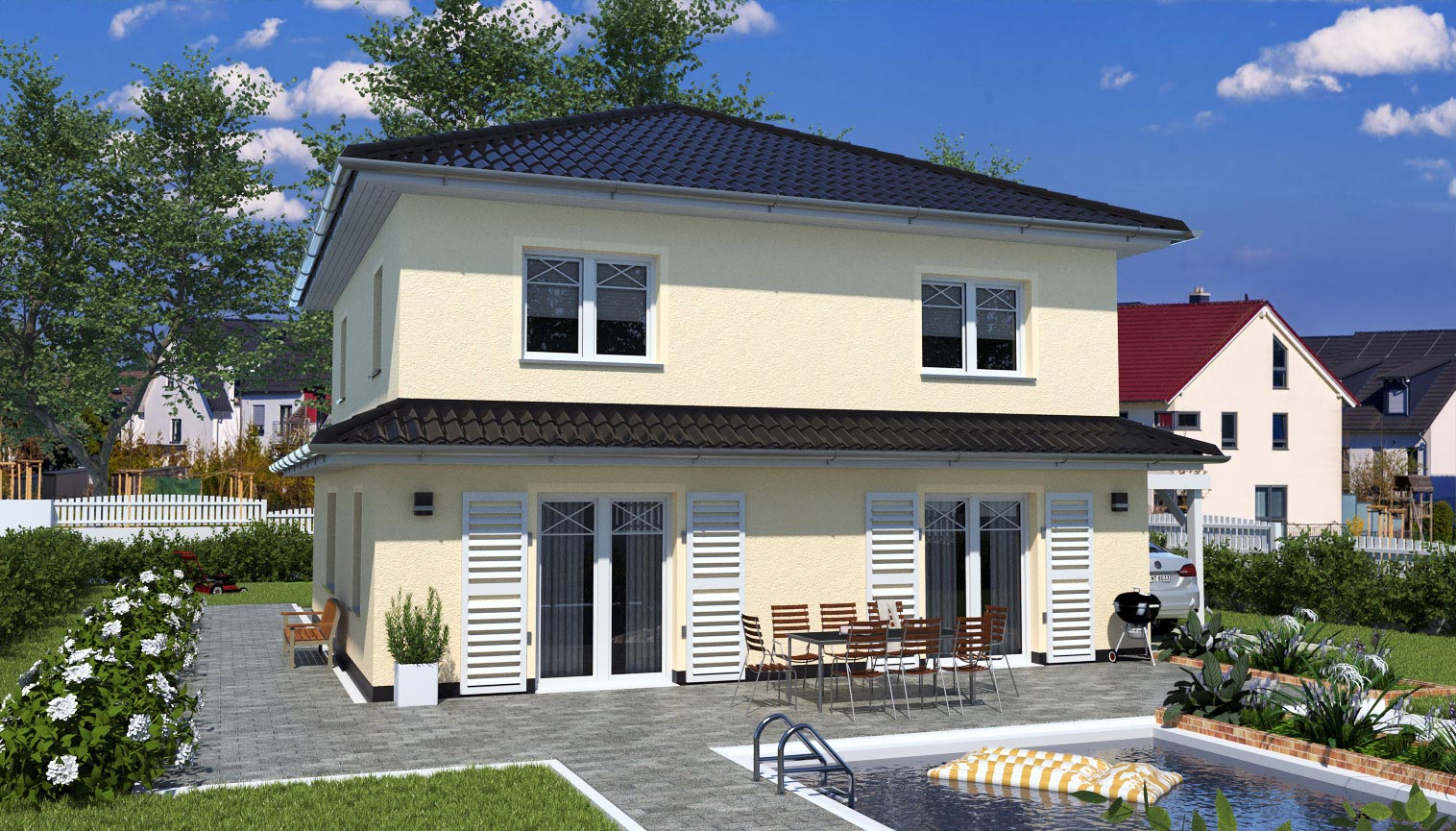 EWA-Stadtvilla-Mediterran-151qm-Hausbau-Berlin-Brandenburg-Potsdam-Rückansicht EWA-Stadtvilla Mediterran 151qm Hausbau Berlin Brandenburg Potsdam Rückansicht