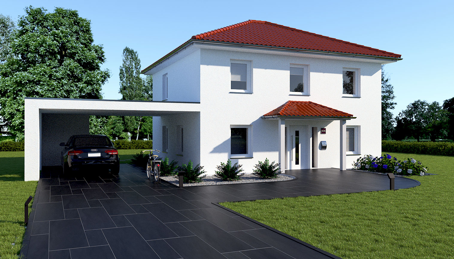 EWA-Stadtvilla-Potsdam-143qm-Hausbau-Berlin-Brandenburg-Potsdam-Vorderansicht-rotes-Dach EWA-Stadtvilla Potsdam 143qm Hausbau Berlin Brandenburg Potsdam Vorderansicht rotes Dach